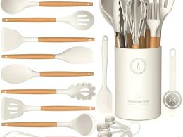 Silicone Cooking Utensils Set - Silicone Kitchen Utensils for Cooking Wooden Handles, 446°F Heat Resistant Kitchen Utensil Spatula Sets w Holder, Gadgets for Non-Stick Cookware BPA FREE (Cream White)