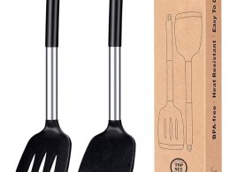 Pack of 2 Silicone Solid Turner, Non Stick Slotted Kitchen Spatulas, High Heat Resistant BPA Free Cooking Utensils, Ideal Cookware for Fish, Eggs, Pancakes(Black)
