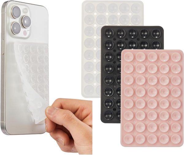 3 Pack Silicone Sticky Grip Holder for Cellphone, Silicone Suction Cup Phone Mount Hands-Free Double Sided Strong Grip Phone Holder for Selfie & Videos, Pink/Black/Transparent