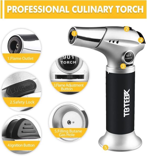 TBTEEK Butane Torch, Kitchen Torch Cooking Torch with Safety Lock & Adjustable Flame for Cooking, BBQ, Baking, Brulee, Creme, DIY Soldering(Butane Not Included) - Image 5