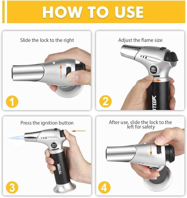 TBTEEK Butane Torch, Kitchen Torch Cooking Torch with Safety Lock & Adjustable Flame for Cooking, BBQ, Baking, Brulee, Creme, DIY Soldering(Butane Not Included) - Image 6