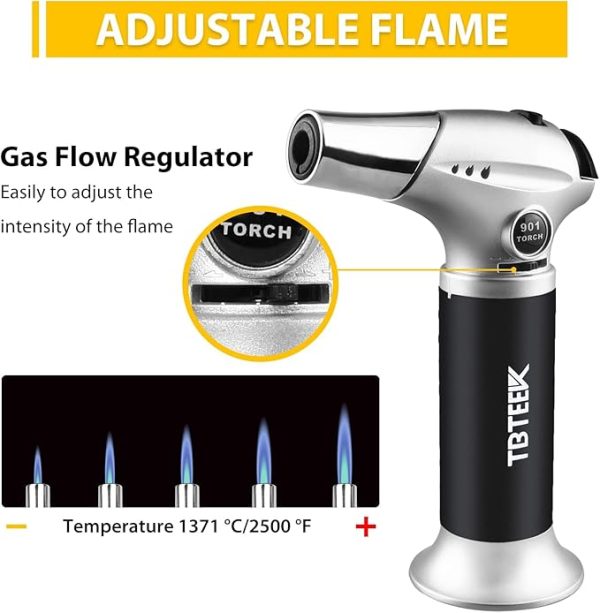 TBTEEK Butane Torch, Kitchen Torch Cooking Torch with Safety Lock & Adjustable Flame for Cooking, BBQ, Baking, Brulee, Creme, DIY Soldering(Butane Not Included) - Image 4