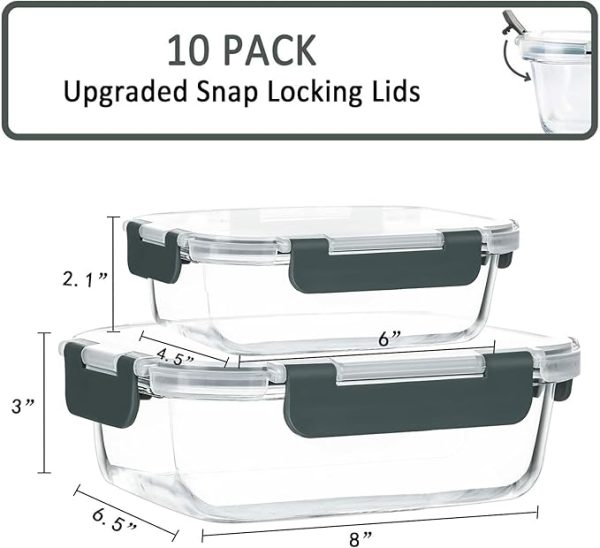 [10-Pack] Glass Meal Prep Containers with Lids, MCIRCO Food Storage Containers with Snap Locking Lids, Airtight Lunch Containers, Microwave, Oven, Freezer and Dishwasher - Image 6