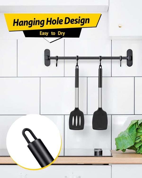 Pack of 2 Silicone Solid Turner, Non Stick Slotted Kitchen Spatulas, High Heat Resistant BPA Free Cooking Utensils, Ideal Cookware for Fish, Eggs, Pancakes(Black) - Image 3