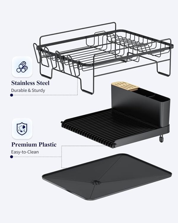Kitsure Large Dish Drying Rack - Extendable Dish Rack, Multifunctional Dish Rack for Kitchen Counter, Anti-Rust Dish Drainers with Cutlery & Cup Holders 19.2"-26.7" L x 12.9" W, Black - Image 4