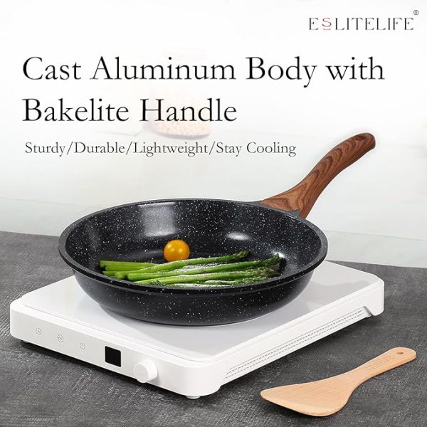 ESLITE LIFE Nonstick Ceramic Frying Pans Skillets Set with Lids, Non-Toxic Egg Omelette Kitchen Cooking Pans Compatible with All Stovetops (Gas, Electric & Induction), PTFE & PFOA Free (Black) - Image 3