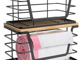 2 Pack Storage Stackable Kitchen Laundry Organizers with Bamboo Top, Wall Mount Large Trash Bag Holder and Standard Garbage Bag Dispenser