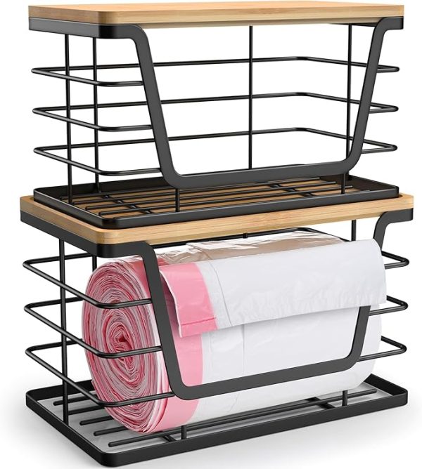2 Pack Storage Stackable Kitchen Laundry Organizers with Bamboo Top, Wall Mount Large Trash Bag Holder and Standard Garbage Bag Dispenser