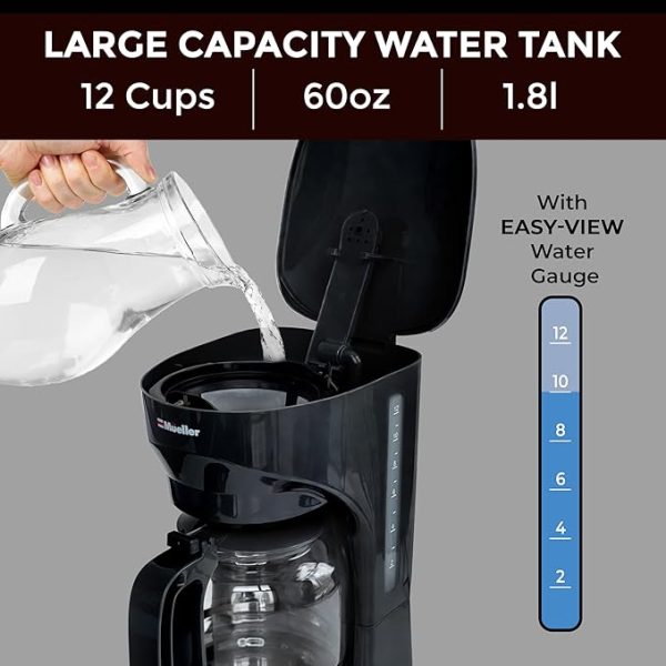 Mueller 12-Cup Drip Coffee Maker - Borosilicate Carafe, Auto-Off, Reusable Filter, Anti-Drip, Keep-Warm Function, Clear Water Level Window Coffee Machine, Kitchen Essentials & Accessories - Image 4