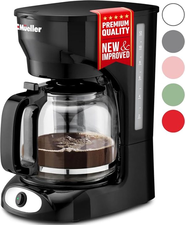 Mueller 12-Cup Drip Coffee Maker - Borosilicate Carafe, Auto-Off, Reusable Filter, Anti-Drip, Keep-Warm Function, Clear Water Level Window Coffee Machine, Kitchen Essentials & Accessories