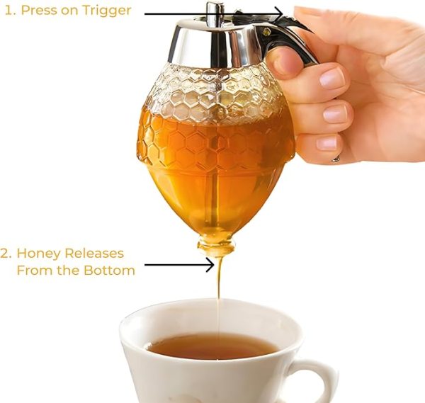 Hunnibi 8oz No Drip Glass Honey Dispenser with Stand - Honeycomb-Style Syrup Server and Bee-Themed Storage Jar - Clear Container for Honey, Maple Syrup - 11 x 6.6 in - Image 2