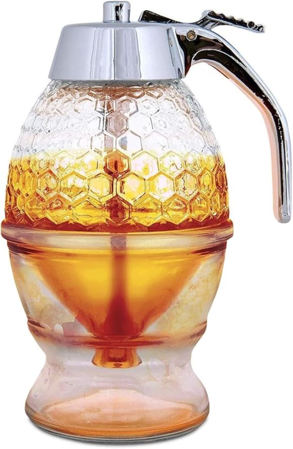 Hunnibi 8oz No Drip Glass Honey Dispenser with Stand - Honeycomb-Style Syrup Server and Bee-Themed Storage Jar - Clear Container for Honey, Maple Syrup - 11 x 6.6 in