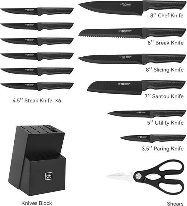 Knife Set, 15 Pcs Kitchen Knife Set with Block Self Sharpening, Dishwasher Safe, 6 Steak Knives, Anti-slip handle, Black - Image 5