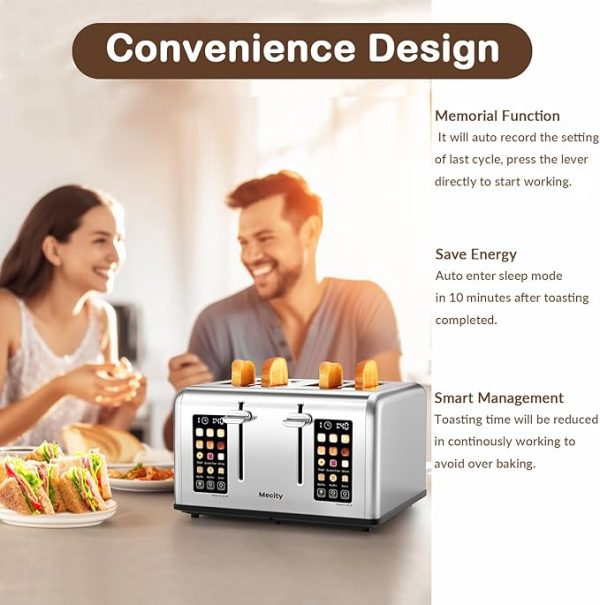 Mecity 4 Slice Toaster with Touch Screen Control, 4 Wide Slots, Stainless Steel Smart Bread Toaster for Bagels, Muffins, Waffles, Dual Control Panel, Timer, Defrost, Reheat, 120V 1650W - Image 3