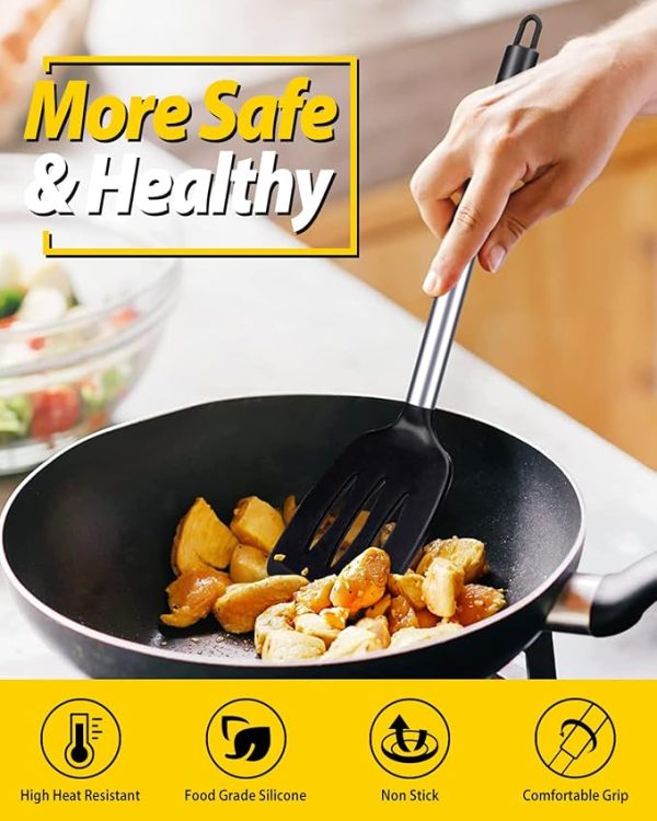 Pack of 2 Silicone Solid Turner, Non Stick Slotted Kitchen Spatulas, High Heat Resistant BPA Free Cooking Utensils, Ideal Cookware for Fish, Eggs, Pancakes(Black) - Image 2