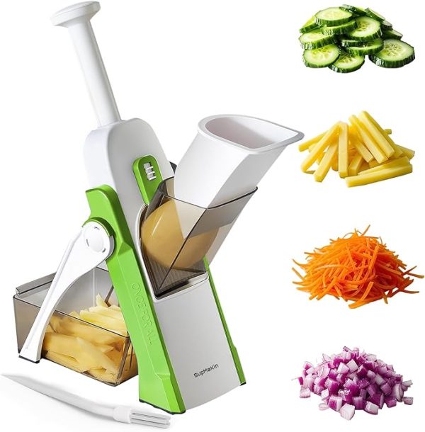 SupMaKin Safe Mandoline Slicer for Kitchen, Potato Slicer, Vegetables Slicer and Chopper, French Fry Cutter, Adjustable Thickness, Dishwasher Safe Chopping Artifact Gift (Green)