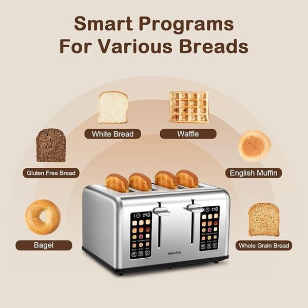 Mecity 4 Slice Toaster with Touch Screen Control, 4 Wide Slots, Stainless Steel Smart Bread Toaster for Bagels, Muffins, Waffles, Dual Control Panel, Timer, Defrost, Reheat, 120V 1650W - Image 2