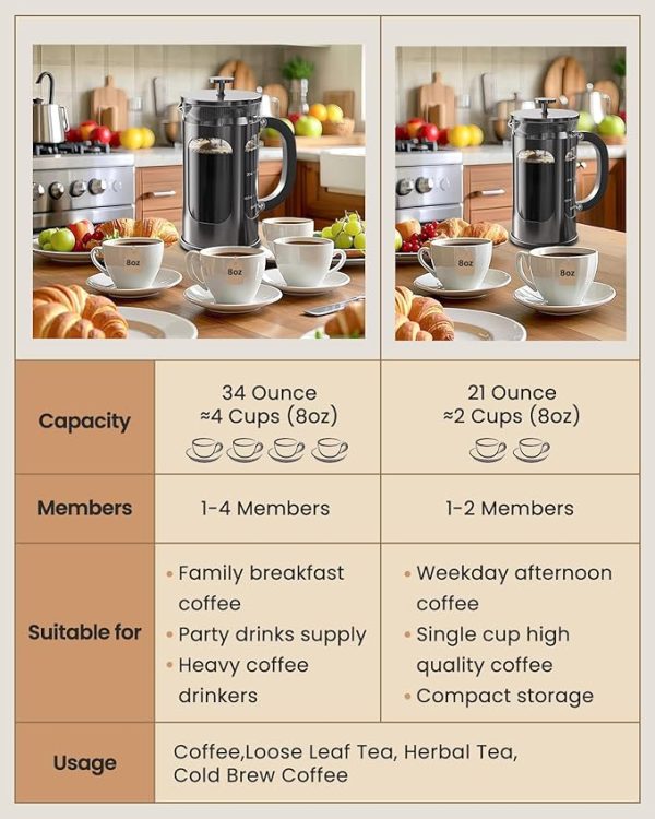 BAYKA French Press Coffee Maker 34 Ounce 1 Liter, Borosilicate Glass Stainless Steel Brewer, Large Portable Cold Brew Cafetera Teapot for Kitchen Travel Camping Coffee Bar Accessories, Dark Pewter - Image 5