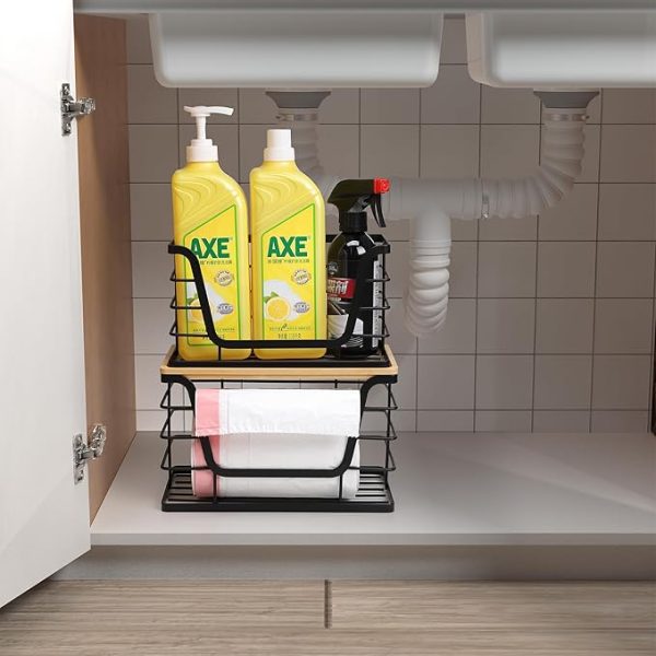 2 Pack Storage Stackable Kitchen Laundry Organizers with Bamboo Top, Wall Mount Large Trash Bag Holder and Standard Garbage Bag Dispenser - Image 4
