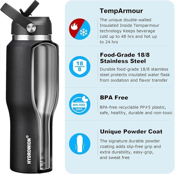 HYDROWION 40 oz Insulated Water Bottle with Straw fit in Car Cup Holder(Cold 48 hrs, Hot 24 hrs) Drinking Bottle with Straw Lid, Spout Lid and Flex Cap Leakproof Travel Thermo Mug，Black - Image 5