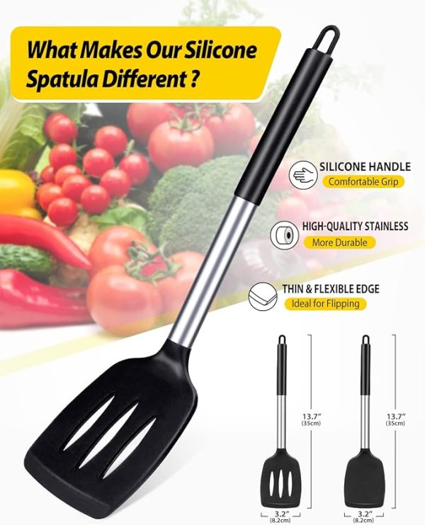 Pack of 2 Silicone Solid Turner, Non Stick Slotted Kitchen Spatulas, High Heat Resistant BPA Free Cooking Utensils, Ideal Cookware for Fish, Eggs, Pancakes(Black) - Image 5