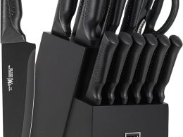 Knife Set, 15 Pcs Kitchen Knife Set with Block Self Sharpening, Dishwasher Safe, 6 Steak Knives, Anti-slip handle, Black