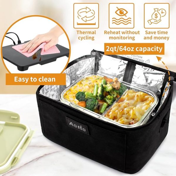 Aotto Portable Oven, Electric Lunch Box Food Heater - 12V/24V/110V 3-in-1 Car Food Warmer - Mini Personal Microwave Heated Lunch Box Warmer for Car, Truck, Travel, Office & Home Use - Black - Image 2