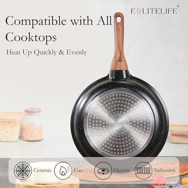 ESLITE LIFE Nonstick Ceramic Frying Pans Skillets Set with Lids, Non-Toxic Egg Omelette Kitchen Cooking Pans Compatible with All Stovetops (Gas, Electric & Induction), PTFE & PFOA Free (Black) - Image 4