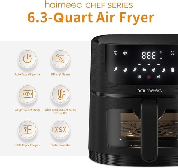 Air Fryer 8-in-1 with 6.3 Qt Capacity and Easy View Windows, Max 400F, 95% Less Oil, 100+ Recipes, Shake Reminder, Nonstick Basket for Roast, Bake, Dehydrate, Reheat, Broil-CT03 - Image 6