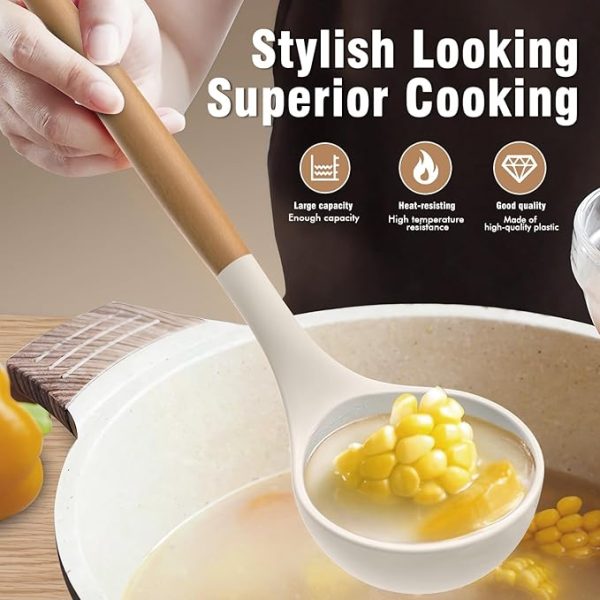 Silicone Cooking Utensils Set - Silicone Kitchen Utensils for Cooking Wooden Handles, 446°F Heat Resistant Kitchen Utensil Spatula Sets w Holder, Gadgets for Non-Stick Cookware BPA FREE (Cream White) - Image 3