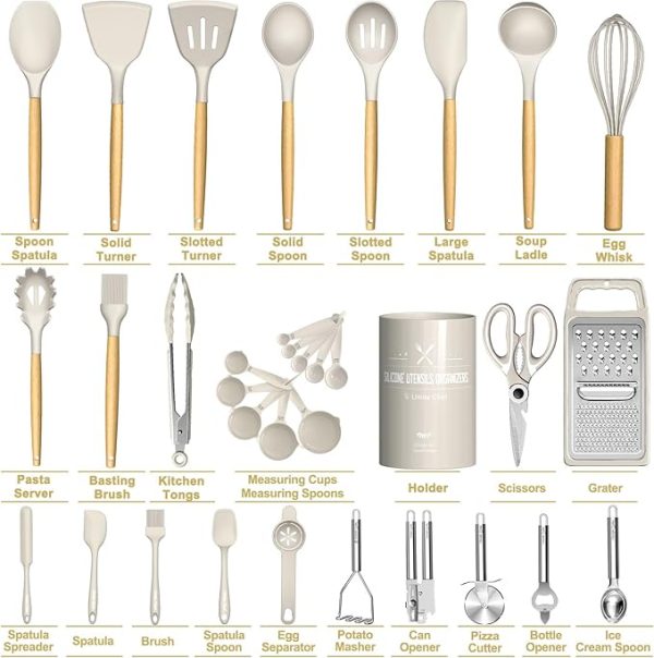 Umite Chef Silicone Kitchen Utensil Set, 34PCS Heat Resistant Kitchen Gadgets and Tools With Grater, Wood Handles for Nonstick Cookware - Image 5