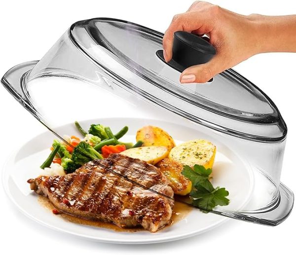 Tall Glass Microwave Splatter Cover for Food - Cookware & Bakeware Serving Dish Cover, Plate Splatter Guard Lid with Easy Grip Silicone Handle Knob - 100% Food Grade BPA Free & Dishwasher Safe - 10in.
