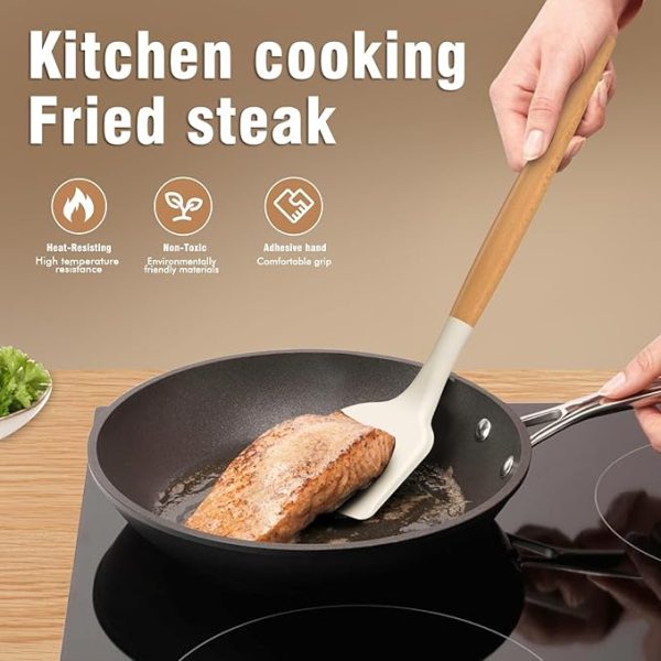 Silicone Cooking Utensils Set - Silicone Kitchen Utensils for Cooking Wooden Handles, 446°F Heat Resistant Kitchen Utensil Spatula Sets w Holder, Gadgets for Non-Stick Cookware BPA FREE (Cream White) - Image 4