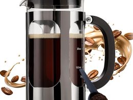 BAYKA French Press Coffee Maker 34 Ounce 1 Liter, Borosilicate Glass Stainless Steel Brewer, Large Portable Cold Brew Cafetera Teapot for Kitchen Travel Camping Coffee Bar Accessories, Dark Pewter