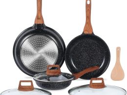 ESLITE LIFE Nonstick Ceramic Frying Pans Skillets Set with Lids, Non-Toxic Egg Omelette Kitchen Cooking Pans Compatible with All Stovetops (Gas, Electric & Induction), PTFE & PFOA Free (Black)