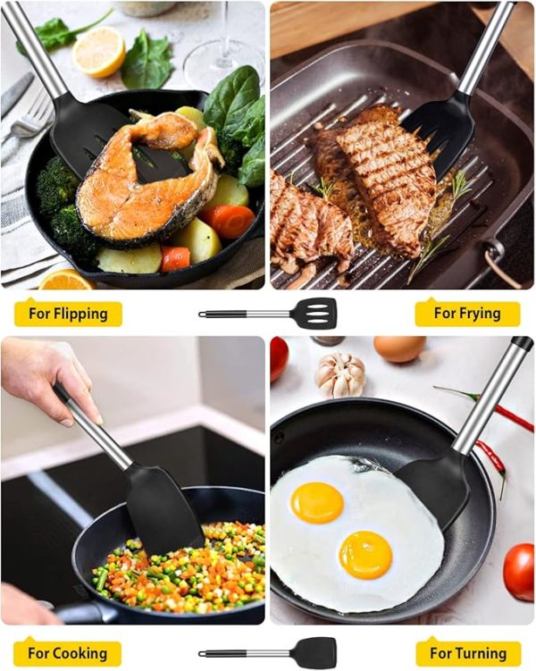 Pack of 2 Silicone Solid Turner, Non Stick Slotted Kitchen Spatulas, High Heat Resistant BPA Free Cooking Utensils, Ideal Cookware for Fish, Eggs, Pancakes(Black) - Image 4