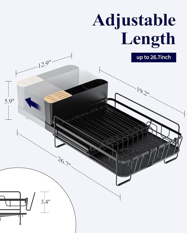 Kitsure Large Dish Drying Rack - Extendable Dish Rack, Multifunctional Dish Rack for Kitchen Counter, Anti-Rust Dish Drainers with Cutlery & Cup Holders 19.2"-26.7" L x 12.9" W, Black - Image 5