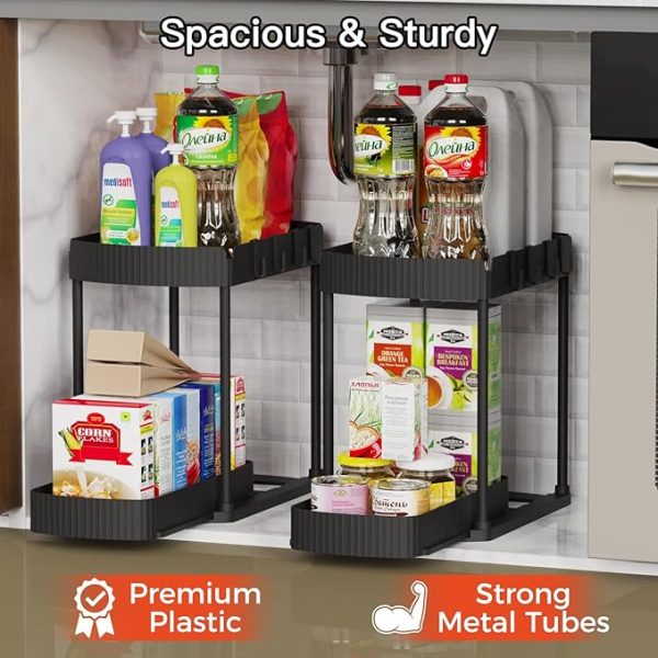 2 Pack Multi-Purpose Pull-Out Storage Organizers, Under Sink Organizers and Storage for Bathroom & Kitchen, Under Cabinet Organizers and storage, 12.8 Inch, Black - Image 3