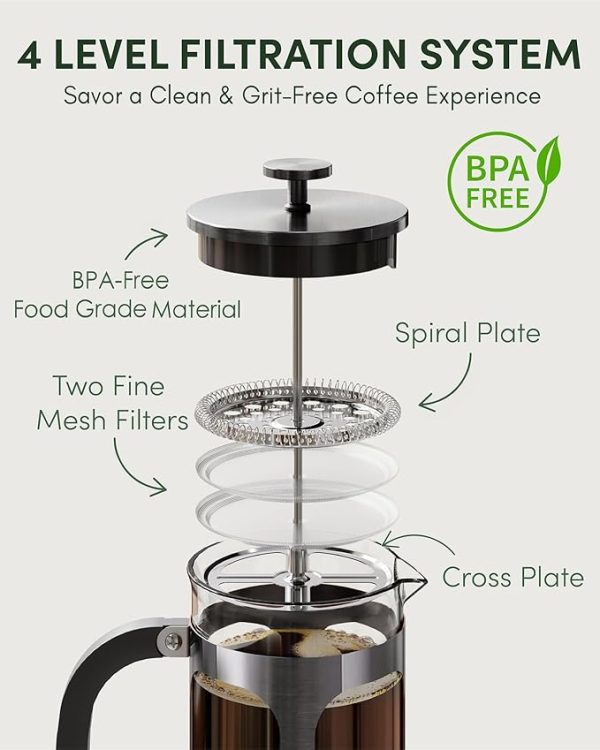 BAYKA French Press Coffee Maker 34 Ounce 1 Liter, Borosilicate Glass Stainless Steel Brewer, Large Portable Cold Brew Cafetera Teapot for Kitchen Travel Camping Coffee Bar Accessories, Dark Pewter - Image 3