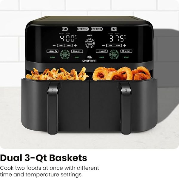 Chefman 6 Quart Dual Basket Air Fryer - Digital Touchscreen, Smart Sync Finish, Hi-Fry, Auto Shutoff, 2 Independent 3QT Nonstick Dishwasher-Safe Frying Baskets - Digital Double Air Fryer - Black - Image 3