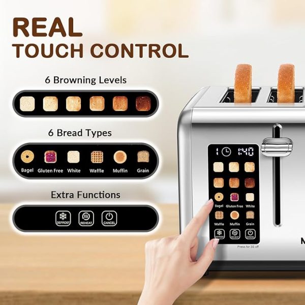 Mecity 4 Slice Toaster with Touch Screen Control, 4 Wide Slots, Stainless Steel Smart Bread Toaster for Bagels, Muffins, Waffles, Dual Control Panel, Timer, Defrost, Reheat, 120V 1650W - Image 5