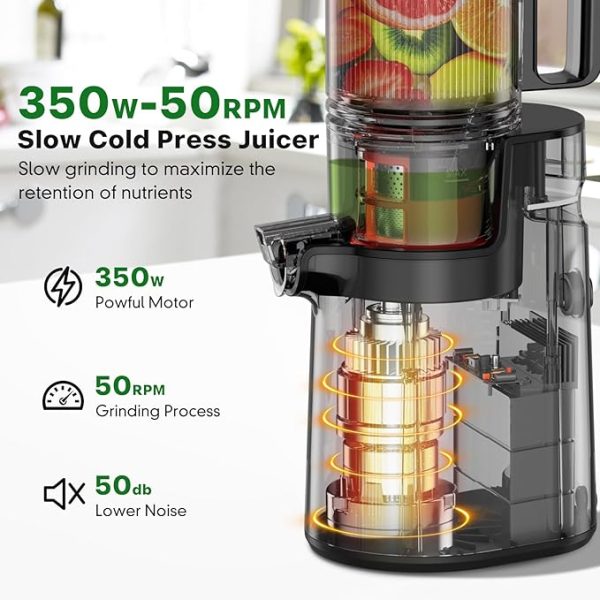Cold Press Juicer, Masticating Juicer with 5.4" Wide Feed Chute, 350w Slow Juicer Machines Fit Whole Vegetables and Fruits with High Juice Yield, Easy to Clean (Black) - Image 4
