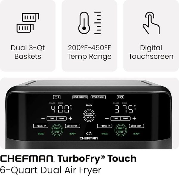 Chefman 6 Quart Dual Basket Air Fryer - Digital Touchscreen, Smart Sync Finish, Hi-Fry, Auto Shutoff, 2 Independent 3QT Nonstick Dishwasher-Safe Frying Baskets - Digital Double Air Fryer - Black - Image 4