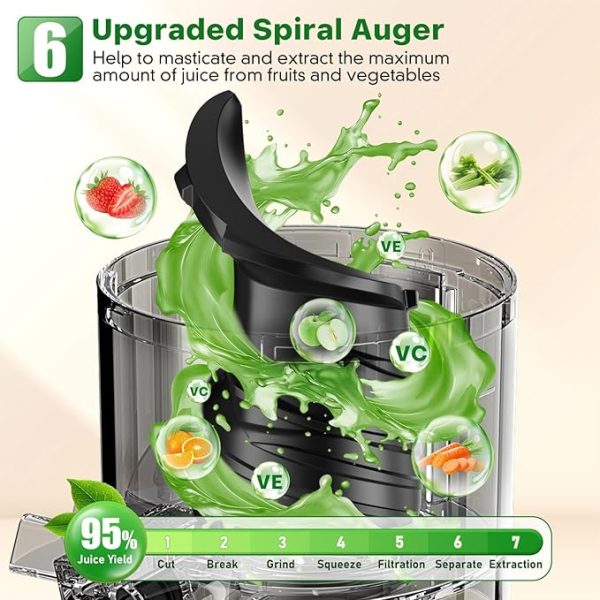 Cold Press Juicer, Masticating Juicer with 5.4" Wide Feed Chute, 350w Slow Juicer Machines Fit Whole Vegetables and Fruits with High Juice Yield, Easy to Clean (Black) - Image 3