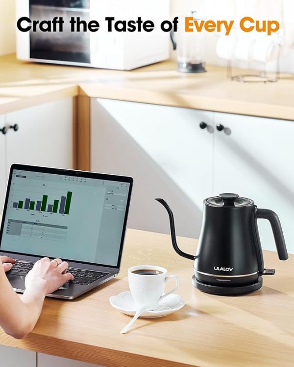 Ulalov Electric Kettle 1L Gooseneck Water Kettle Quick Heating for Pour Over Coffee & Tea, Stainless Steel Hot Water Boiler with Auto Shut-Off, Boil Dry Protection, Matte Black,1200W - Image 2