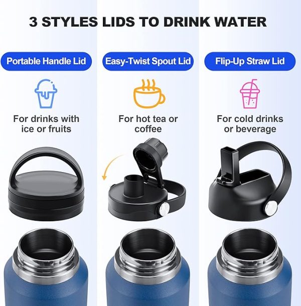 HYDROWION 40 oz Insulated Water Bottle with Straw fit in Car Cup Holder(Cold 48 hrs, Hot 24 hrs) Drinking Bottle with Straw Lid, Spout Lid and Flex Cap Leakproof Travel Thermo Mug，Black - Image 2