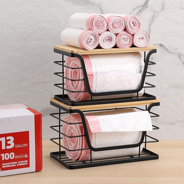 2 Pack Storage Stackable Kitchen Laundry Organizers with Bamboo Top, Wall Mount Large Trash Bag Holder and Standard Garbage Bag Dispenser - Image 2
