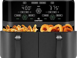 Chefman 6 Quart Dual Basket Air Fryer - Digital Touchscreen, Smart Sync Finish, Hi-Fry, Auto Shutoff, 2 Independent 3QT Nonstick Dishwasher-Safe Frying Baskets - Digital Double Air Fryer - Black
