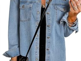 Dokotoo Women's Oversized Denim Jacket Casual Long Sleeve Denim Shirts Distresse Jean Jacket 2025 Spring Outfits