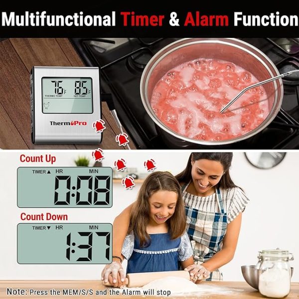 ThermoPro TP16 Large LCD Digital Cooking Food Meat Thermometer for Smoker Oven Kitchen BBQ Grill Thermometer Clock Timer with Stainless Steel Temperature Probe - Image 2